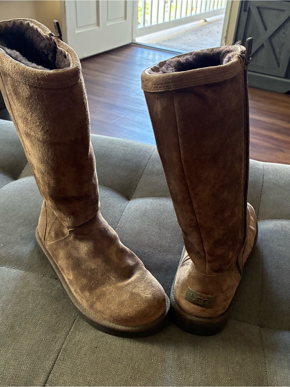 UGG Tall Suede Shearling-Lined Boots in Chestnut
